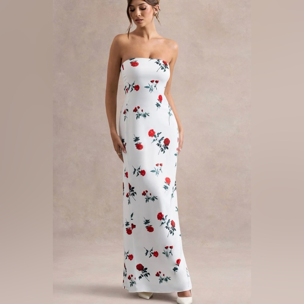 Rose Print Satin Bandeau Maxi Dress